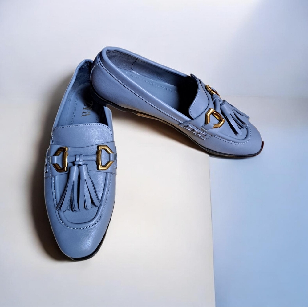 🔥🪻Zara Women Faux Leather Blue Loafers. Size EU37-US 6.5-7 🔥Great Condition